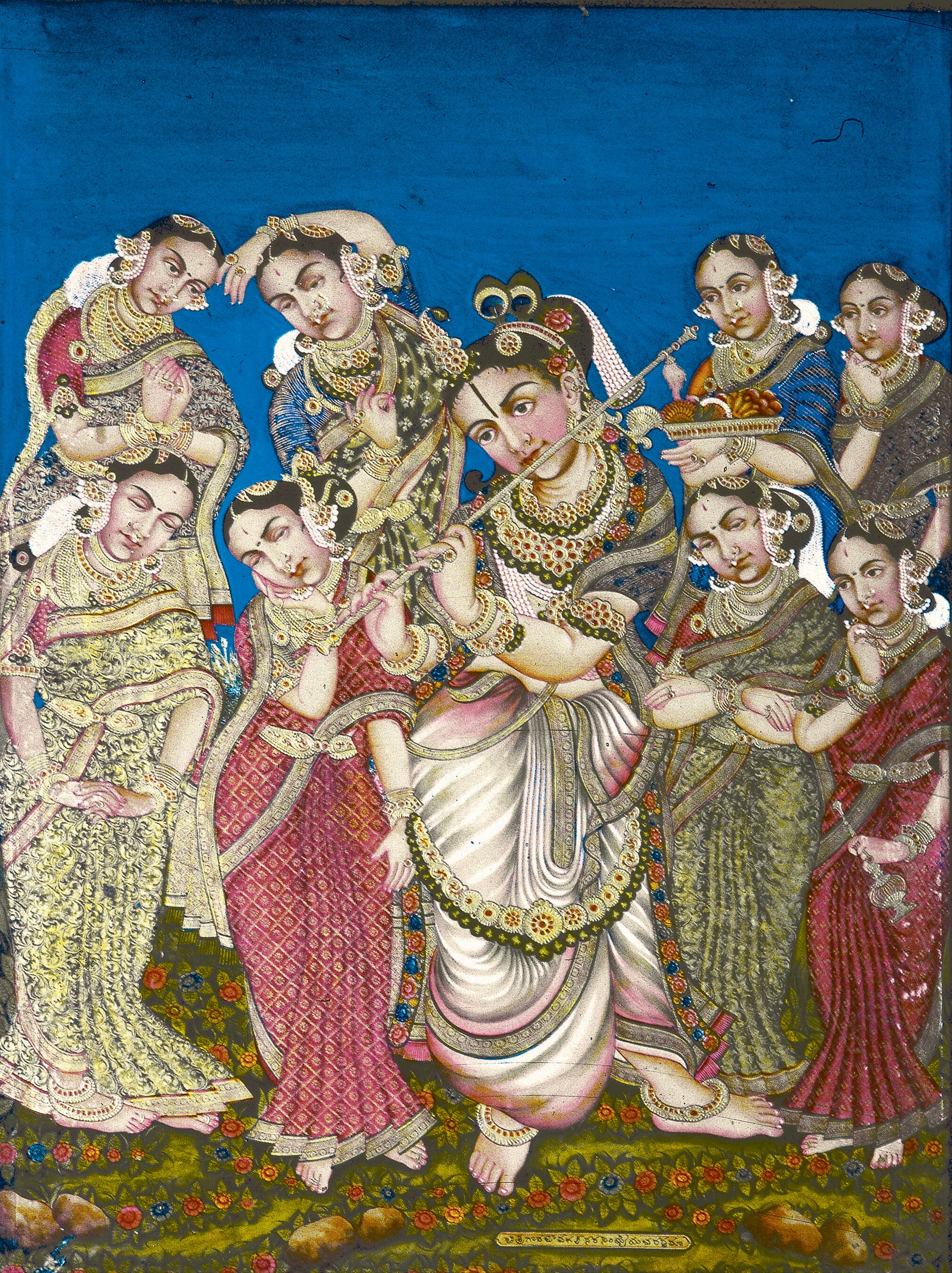 Mysore paintings are characterised by figures with oval faces, almond-shaped eyes and protruding chins, often designed to bear a resemblance to the Wodeyar kings themselves. Above, a depiction of Krishna with his eight consorts. The different avatars of Krishna, Vishnu and Devi are commonly portrayed in these paintings. (Courtesy Ramsingh Museum)