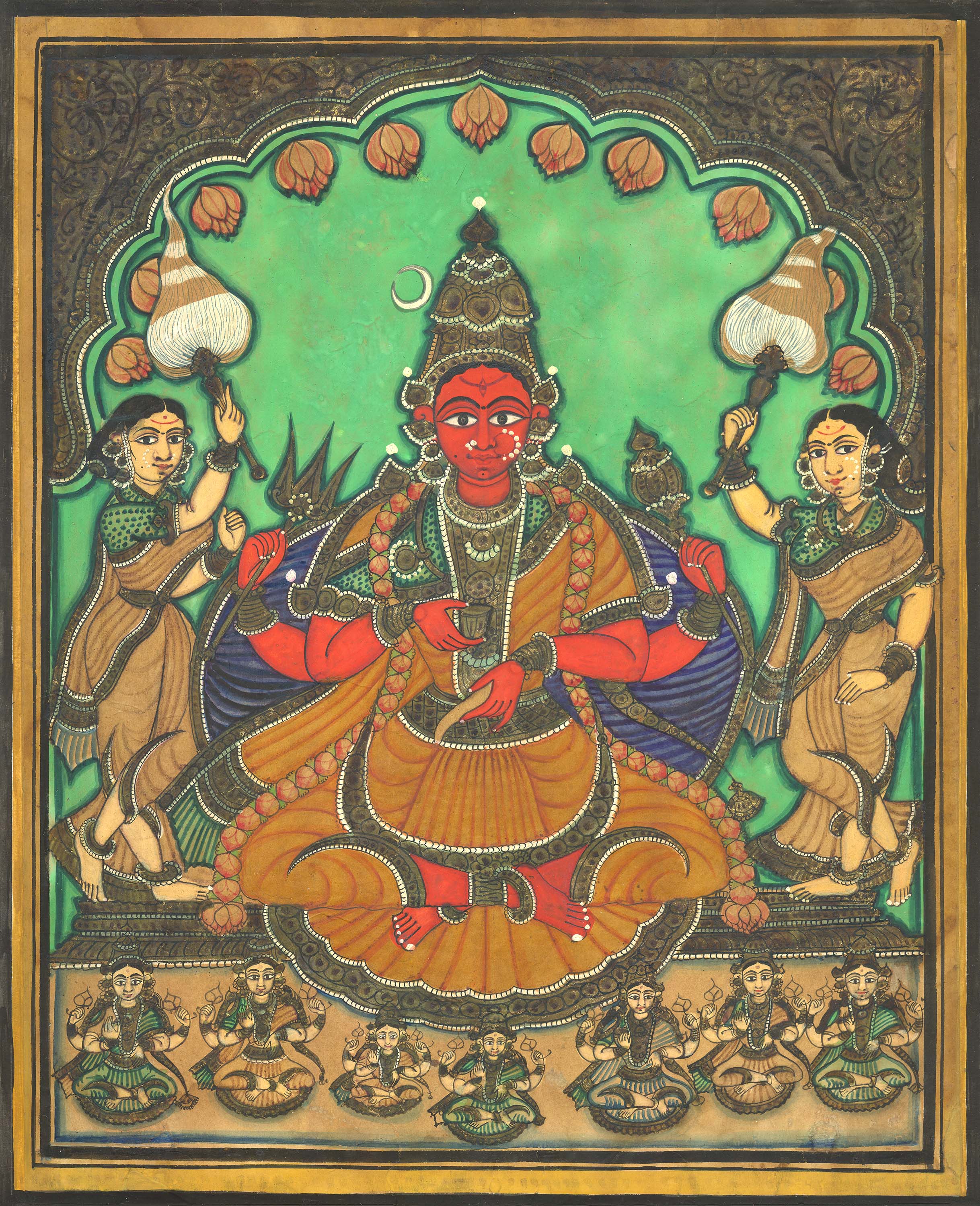 This style of paintings was initially created out of a demand for home shrines. At the time, deities for worship were primarily in the form of sculptures, which were too big for family shrines. Seen above is a painting of Bagalamukhi, one of the 10 forms of Devi. (Courtesy Ramsingh Museum)