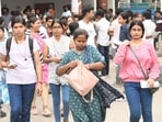 Aspirants coming out from an examination centre after appeared in the UGC NET exams. (HT/File)