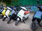 Ola Electric S1 Pro electric scooters lined up Ola Electric S1 Pro electric scooters lined up