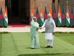 New Delhi: Prime Minister Narendra Modi with his Bangladeshi counterpart Sheikh Hasina before a meeting, at the Hyderabad House in New Delhi, Saturday, June 22, 2024. (PTI Photo/Manvender Vashist Lav) (PTI06_22_2024_000126B) New Delhi: Prime Minister Narendra Modi with his Bangladeshi counterpart Sheikh Hasina before a meeting, at the Hyderabad House in New Delhi, Saturday, June 22, 2024. (PTI Photo/Manvender Vashist Lav) (PTI06_22_2024_000126B)