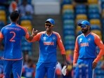 India's Suryakumar Yadav, center, and teammates celebrate after their win in the ICC Men's T20 World Cup cricket match between Afghanistan and India India's Suryakumar Yadav, center, and teammates celebrate after their win in the ICC Men's T20 World Cup cricket match between Afghanistan and India
