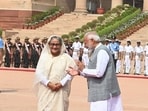 Prime Minister Narendra Modi welcomed Bangladesh Prime Minister Sheikh Hasina during her ceremonial reception at Rashtrapati Bhawan in New Delhi on Saturday.