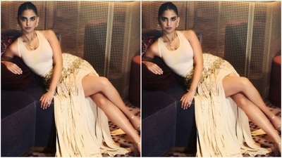 Showcasing the perfect blend of style and grace, her next look is equally stunning. It features a white tank top paired with a fringe-adorned beige skirt, enhanced with golden sequin embellishments that add a touch of glam vibes. (Instagram/@ambani_update) Showcasing the perfect blend of style and grace, her next look is equally stunning. It features a white tank top paired with a fringe-adorned beige skirt, enhanced with golden sequin embellishments that add a touch of glam vibes. (Instagram/@ambani_update)