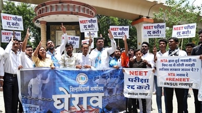 National Students Union of India (NSUI) supporters stage a protest against ongoing NEET UG and NET examination issue. (ANI) National Students Union of India (NSUI) supporters stage a protest against ongoing NEET UG and NET examination issue. (ANI)
