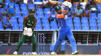Hardik Pandya led an aggressive Indian batting lineup with an unbeaten 27-ball half-century that helped India get to a score of 196/5 in 20 overs. (BCCI-X) Hardik Pandya led an aggressive Indian batting lineup with an unbeaten 27-ball half-century that helped India get to a score of 196/5 in 20 overs. (BCCI-X)