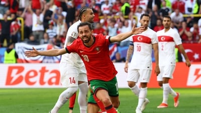 Portugal's Bernardo Silva celebrates scoring their first goal. (REUTERS)
