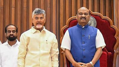 CM N Chandrababu Naidu and deputy CM Pawan Kalyan with the newly elected assembly speaker Ayyanna Patrudu (Pti)