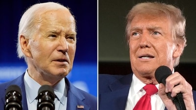 In this combination photo, President Joe Biden speaks May 2, 2024, in Wilmington, N.C., left, and Republican presidential candidate former President Donald Trump speaks at a campaign rally, May 1, 2024, in Waukesha, Wis. (AP Photo) (AP) In this combination photo, President Joe Biden speaks May 2, 2024, in Wilmington, N.C., left, and Republican presidential candidate former President Donald Trump speaks at a campaign rally, May 1, 2024, in Waukesha, Wis. (AP Photo) (AP)