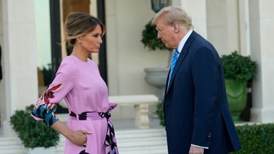 Former President Donald Trump, right, stands with Melania Trump as they arrive for a GOP fundraiser, Saturday, April 6, 2024, in Palm Beach, Fla. (AP Photo/Lynne Sladky) (AP) Former President Donald Trump, right, stands with Melania Trump as they arrive for a GOP fundraiser, Saturday, April 6, 2024, in Palm Beach, Fla. (AP Photo/Lynne Sladky) (AP)