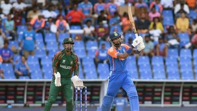 India's Hardik Pandya plays a shot during the Super 8 Group 1 match against Bangladesh in the ICC Mens T20 World Cup 2024, at Sir Vivian Richards Stadium in Antigua on Saturday. (ANI) India's Hardik Pandya plays a shot during the Super 8 Group 1 match against Bangladesh in the ICC Mens T20 World Cup 2024, at Sir Vivian Richards Stadium in Antigua on Saturday. (ANI)