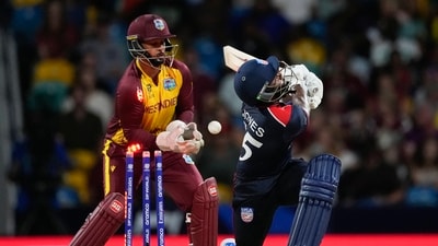 United States' Aaron Jones is out bowled during the men's T20 World Cup cricket match between the USA and the West Indies at Kensington Oval, Bridgetown, Barbados, Friday, June 21, 2024 (PTI) United States' Aaron Jones is out bowled during the men's T20 World Cup cricket match between the USA and the West Indies at Kensington Oval, Bridgetown, Barbados, Friday, June 21, 2024 (PTI)