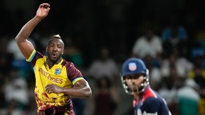 West Indies' Andre Russell reacts during the men's T20 World Cup cricket match between the USA and the West Indies at Kensington Oval, Bridgetown, Barbados, Friday, June 21, 2024. (PTI) West Indies' Andre Russell reacts during the men's T20 World Cup cricket match between the USA and the West Indies at Kensington Oval, Bridgetown, Barbados, Friday, June 21, 2024. (PTI)