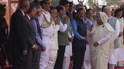 Sheikh Hasina interacted with Indian delegates introduced by Prime Minister Narendra Modi during her ceremonial reception at Rashtrapati Bhavan in New Delhi on Saturday. In the picture, Union Ministers JP Nadda, Jitendra Singh, and Delhi LG VK Saxena are seen. (PTI) Sheikh Hasina interacted with Indian delegates introduced by Prime Minister Narendra Modi during her ceremonial reception at Rashtrapati Bhavan in New Delhi on Saturday. In the picture, Union Ministers JP Nadda, Jitendra Singh, and Delhi LG VK Saxena are seen. (PTI)