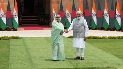 New Delhi: Prime Minister Narendra Modi with his Bangladeshi counterpart Sheikh Hasina before a meeting, at the Hyderabad House in New Delhi, Saturday, June 22, 2024. (PTI Photo/Manvender Vashist Lav) (PTI06_22_2024_000126B) (PTI) New Delhi: Prime Minister Narendra Modi with his Bangladeshi counterpart Sheikh Hasina before a meeting, at the Hyderabad House in New Delhi, Saturday, June 22, 2024. (PTI Photo/Manvender Vashist Lav) (PTI06_22_2024_000126B) (PTI)
