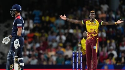 West Indies' Alzarri Joseph reacts after an appeal for caught behind during the men's T20 World Cup cricket match between the USA and the West Indies at Kensington Oval, Bridgetown, Barbados, Friday, June 21, 2024 (AP) West Indies' Alzarri Joseph reacts after an appeal for caught behind during the men's T20 World Cup cricket match between the USA and the West Indies at Kensington Oval, Bridgetown, Barbados, Friday, June 21, 2024 (AP)