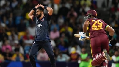 United States' bowler Harmeet Singh reacts during the men's T20 World Cup cricket match between the USA and the West Indies at Kensington Oval, Bridgetown, Barbados, Friday, (AP) United States' bowler Harmeet Singh reacts during the men's T20 World Cup cricket match between the USA and the West Indies at Kensington Oval, Bridgetown, Barbados, Friday, (AP)