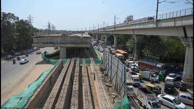 The status of Punjabi Bagh Club Flyover construction at Ring Road as of March 2024. (HT Photo) The status of Punjabi Bagh Club Flyover construction at Ring Road as of March 2024. (HT Photo)
