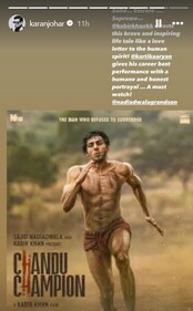 Here's what Karan Johar posted about Chandu Champion. Here's what Karan Johar posted about Chandu Champion.
