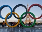The Olympic rings are set up at Trocadero plaza that overlooks the Eiffel Tower in Paris. The Olympic rings are set up at Trocadero plaza that overlooks the Eiffel Tower in Paris.