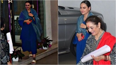 Bride-to-be Sonakshi Sinha dazzles in a resplendent blue ethnic outfit for her pre-wedding ceremony ahead of her big day. The actress showcases a lesson in monochrome fashion, wearing an easy-breezy blue kurta with flared sleeves and a V-neckline. Paired with matching pants and a shimmering dupatta, she radiates bridal glow. (HT photo/VarinderChawla) Bride-to-be Sonakshi Sinha dazzles in a resplendent blue ethnic outfit for her pre-wedding ceremony ahead of her big day. The actress showcases a lesson in monochrome fashion, wearing an easy-breezy blue kurta with flared sleeves and a V-neckline. Paired with matching pants and a shimmering dupatta, she radiates bridal glow. (HT photo/VarinderChawla)