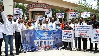 National Students Union of India (NSUI) supporters stage a protest against ongoing NEET UG and NET examination issue, in Nagpur. (File) National Students Union of India (NSUI) supporters stage a protest against ongoing NEET UG and NET examination issue, in Nagpur. (File)
