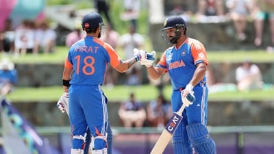 India's captain Rohit Sharma (c) and Virat Kohli celebrate their partnership during the Super 8 Group 1 match against Bangladesh (BCCI- X) India's captain Rohit Sharma (c) and Virat Kohli celebrate their partnership during the Super 8 Group 1 match against Bangladesh (BCCI- X)