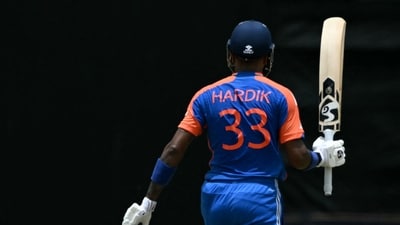 India's Hardik Pandya celebrates his half century on the last ball of India's turn during the ICC men's Twenty20 World Cup 2024 Super Eight cricket match between India and Bangladesh (AFP) India's Hardik Pandya celebrates his half century on the last ball of India's turn during the ICC men's Twenty20 World Cup 2024 Super Eight cricket match between India and Bangladesh (AFP)