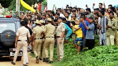 Actor Darshan Thoogudeepa, an accused in the Renukaswamy murder case, being brought to the crime scene for investigation, in Bengaluru. (PTI) Actor Darshan Thoogudeepa, an accused in the Renukaswamy murder case, being brought to the crime scene for investigation, in Bengaluru. (PTI)
