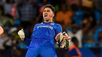 Afghanistan's Rahmanullah Gurbaz (R) celebrate his team's win of the ICC men's Twenty20 World Cup 2024 Super Eight cricket match against Australia. (AFP) Afghanistan's Rahmanullah Gurbaz (R) celebrate his team's win of the ICC men's Twenty20 World Cup 2024 Super Eight cricket match against Australia. (AFP)