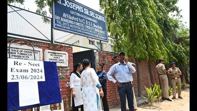 While a centre was set up at St Joseph’s Senior Secondary School in Sector 44, Chandigarh, and preparations were made, none of the two students showed up for the exam as the staff waited at the entrance. (HT Photo) While a centre was set up at St Joseph’s Senior Secondary School in Sector 44, Chandigarh, and preparations were made, none of the two students showed up for the exam as the staff waited at the entrance. (HT Photo)