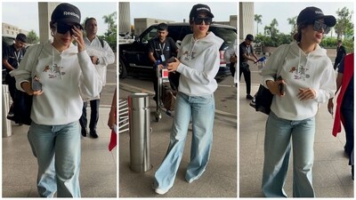 Next on the list, we have the gorgeous Malaika Arora. The actress was recently spotted at Mumbai airport sporting an oversized white hoodie and light blue relaxed-fit jeans. She accessorised her look with a black Reebok cap, rectangular black sunglasses, and a stylish bag slung over her shoulder. Her ensemble showcases the perfect blend of comfort and style. (HT photo/VarinderChawla) Next on the list, we have the gorgeous Malaika Arora. The actress was recently spotted at Mumbai airport sporting an oversized white hoodie and light blue relaxed-fit jeans. She accessorised her look with a black Reebok cap, rectangular black sunglasses, and a stylish bag slung over her shoulder. Her ensemble showcases the perfect blend of comfort and style. (HT photo/VarinderChawla)