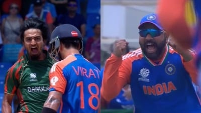 Rohit Sharma (right) during his fiery send off to Litton Das Rohit Sharma (right) during his fiery send off to Litton Das