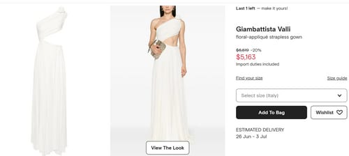 Isha Ambani's white gown is from the brand Giambattista Valli. (https://www.farfetch.com/)