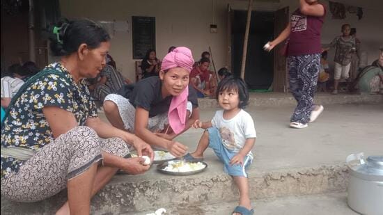 Displaced people from Manipur’s Jiribam taking shelter in a camp in Cachar’s Lakhipur area (HT Photo/Sourced)