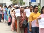 Patna, Bihar, India -June .18, 2024: Aspirants standing in queue for entering an examination centre to appear in the UGC NET exams at A.N. College in Patna, Bihar, India, Tuesday,18, 2024.(Photo by Santosh Kumar/ Hindustan Times)