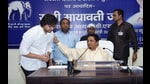 Lucknow, India June 23, 2024:::BSP supremo Mayawati with her nephew Akash Anand and brother Anand Kumar (middle one) in the BSP office in Lucknow, Uttar Pradesh India on Sunday, June 23, 2024. (Photo by Deepak Gupta/Hindustan Times)