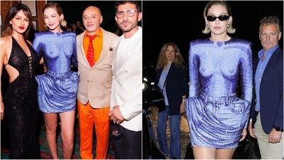 Gigi Hadid made a striking entrance at Vogue World's star-studded afterparty at Maxim's in Paris on Sunday evening, donning a dazzling royal blue Balmain mini dress adorned with a naked print, structured shoulder pads, and skirt, showcasing her toned legs. The supermodel, 29 and a mother-of-one, opted for a sexy afterparty ensemble, swapping her runway attire to join the celebrity-filled event and enjoy the festivities. (Instagram)