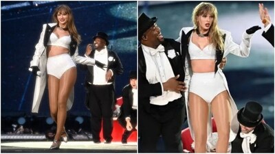 Attention Swifties! Taylor Swift stole the spotlight at Sunday night’s show at London’s Wembley Stadium, dazzling in a white bralette top paired with matching high-waisted shorts, showcasing her diva persona. The global pop star completed her look with a white coat featuring a black collar, black gloves, a choker necklace, and metallic high heels. With bold lips and loose tresses, she set the stage ablaze. (Instagram)