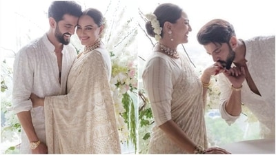 Actor Sonakshi Sinha looked radiant in an ivory saree as she wed her longtime boyfriend, Zaheer Iqbal, on Sunday, June 23. Instead of selecting a designer outfit, Sonakshi chose a sustainable route by upcycling her mother Poonam Sinha's wedding saree. Complemented by white floral gajra, diamond jewellery and minimal makeup, she was a beautiful pastel bride. (Instagram) Actor Sonakshi Sinha looked radiant in an ivory saree as she wed her longtime boyfriend, Zaheer Iqbal, on Sunday, June 23. Instead of selecting a designer outfit, Sonakshi chose a sustainable route by upcycling her mother Poonam Sinha's wedding saree. Complemented by white floral gajra, diamond jewellery and minimal makeup, she was a beautiful pastel bride. (Instagram)