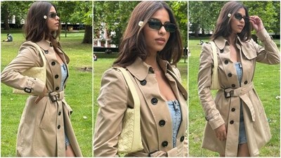 Suhana Khan is a true fashionista and her latest look is a testament to that. The Archies actress' latest look features a light blue denim bodycon dress with a buttoned bodice and mini hemline. She teamed it with a beige trench coat tied at the waist with a belt. She completed her look with a lime-coloured shoulder bag and black rectangular sunglasses. (Instagram)