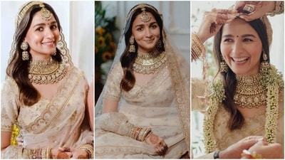 Talking about bridal looks without mentioning Alia Bhatt is impossible. The gorgeous actress wore a stunning Sabyasachi ivory saree for her wedding day that exudes pure grace and elegance. Paired with a matching sweetheart neckline blouse, heavy diamond jewelry, and a soft makeup look, she looked breathtakingly gorgeous. (Instagram) Talking about bridal looks without mentioning Alia Bhatt is impossible. The gorgeous actress wore a stunning Sabyasachi ivory saree for her wedding day that exudes pure grace and elegance. Paired with a matching sweetheart neckline blouse, heavy diamond jewelry, and a soft makeup look, she looked breathtakingly gorgeous. (Instagram)