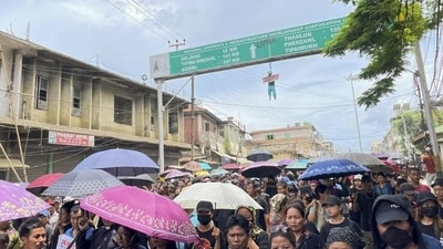 A rally organised by the Kuki-Zo community in Manipur's Churachandpur on Monday. (PTI) A rally organised by the Kuki-Zo community in Manipur's Churachandpur on Monday. (PTI)