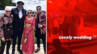 Chris Gayle with other guests at Sidhartha Mallya and Jasmine's wedding. Chris Gayle with other guests at Sidhartha Mallya and Jasmine's wedding.