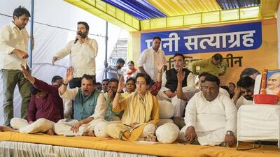 Delhi water minister and AAP leader Atishi with party leaders during her indefinite hunger strike over the ongoing water crisis in the national Capital on Sunday. (PTI) Delhi water minister and AAP leader Atishi with party leaders during her indefinite hunger strike over the ongoing water crisis in the national Capital on Sunday. (PTI)