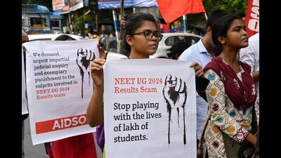 Kolkata, India - June 24, 2024: All India Democratic Students' Organisation (AIDSO), affiliated with Socialist Unity Centre of India (Communist) (SUCI(C) supporters staged a protest rally against recent scam in NEET and UGC-NET exam at Moulali in Kolkata, India, on Monday, June 24, 2024. (Photo by Samir Jana/ Hindustan Times) (Hindustan Times) Kolkata, India - June 24, 2024: All India Democratic Students' Organisation (AIDSO), affiliated with Socialist Unity Centre of India (Communist) (SUCI(C) supporters staged a protest rally against recent scam in NEET and UGC-NET exam at Moulali in Kolkata, India, on Monday, June 24, 2024. (Photo by Samir Jana/ Hindustan Times) (Hindustan Times)