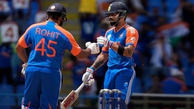 Rohit Sharma, left, and Virat Kohli celebrate scoring runs during the ICC Men's T20 World Cup cricket match between India and Bangladesh (PTI) Rohit Sharma, left, and Virat Kohli celebrate scoring runs during the ICC Men's T20 World Cup cricket match between India and Bangladesh (PTI)