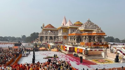 A general view of the audience during the opening of the Ram Temple in Ayodhya on January 22. (AP) A general view of the audience during the opening of the Ram Temple in Ayodhya on January 22. (AP)