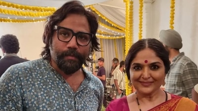 A file photo of filmmaker Sandeep Reddy Vanga with actor Indira Krishna on the set of Animal.