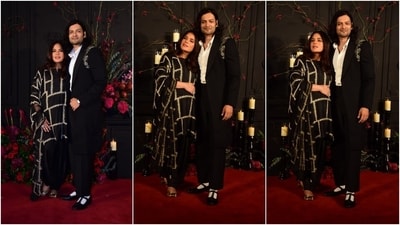 Heeramandi actor Richa Chadha and her husband, Ali Fazal, attended the reception in matching black ensembles. While the mom-to-be chose a black embroidered suit, Ali Fazal complemented his wife in an embroidered black blazer, pants, and white skirt. (HT Photo/Varinder Chawla) Heeramandi actor Richa Chadha and her husband, Ali Fazal, attended the reception in matching black ensembles. While the mom-to-be chose a black embroidered suit, Ali Fazal complemented his wife in an embroidered black blazer, pants, and white skirt. (HT Photo/Varinder Chawla)